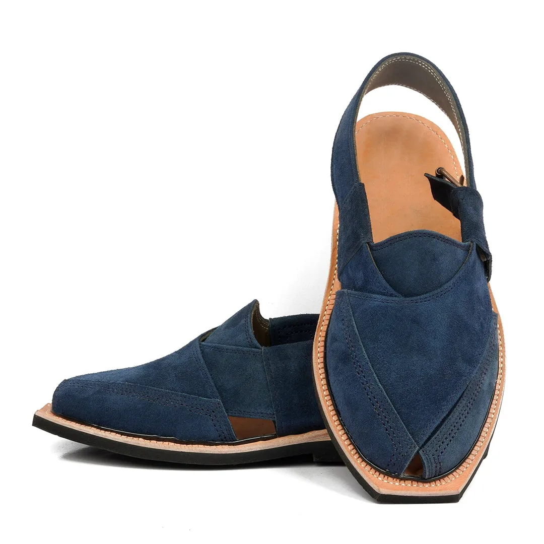 Hand Crafted Blue Suede Quetta Norozi Chappal With Single Sole – 092366