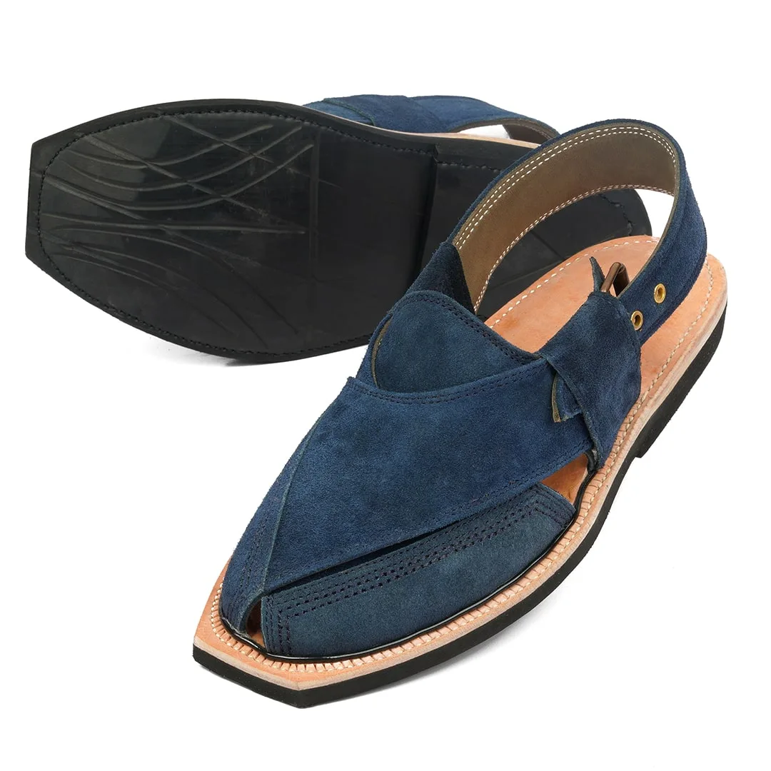 Hand Crafted Blue Suede Quetta Norozi Chappal With Single Sole – 092366